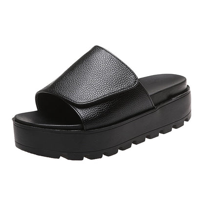 flowersverse Black PU Leather Platform Slippers Women Plus Size 43 Thick Soled Sandals Woman  Summer Non-slip Slides Shoes Female