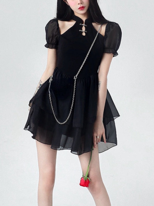 flowersverse Back to school outfit Gothic Black Y2k Mini Dress Women Evening Party Short Sleeve Slim Chic And Elegant Female Dress Corset Beach Korean  Summer