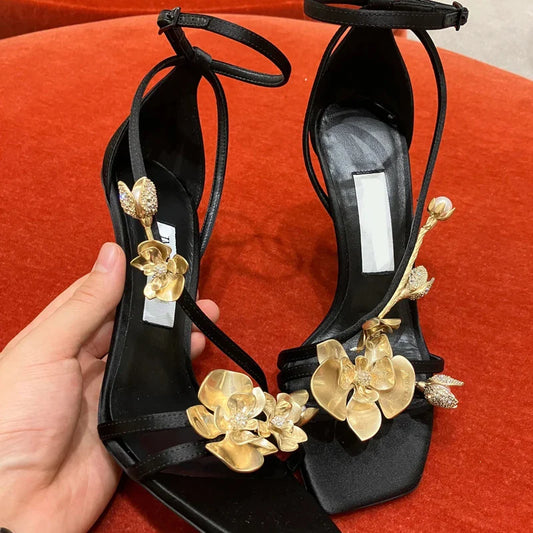 flowersverse-Golden Flowers High Heels Women Silk Luxury Designer Sandal Metallic Flower Square Toe Pointed Fine Heel Party Dress Shoes Pumps