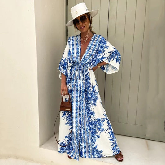 Back  To School Outfit  flowersverse Ardm Elegant V Neck Dresses For Women  Floral Print Boho Summer Midi Dress Vintage Short Sleeve Loose Vestidos