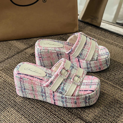 flowersverse-Square Head Platform Slippers Belt Buckles Corduroy Open-toe Women Sandals Summer New  Designer Shoes Fashion Wedge Sandals