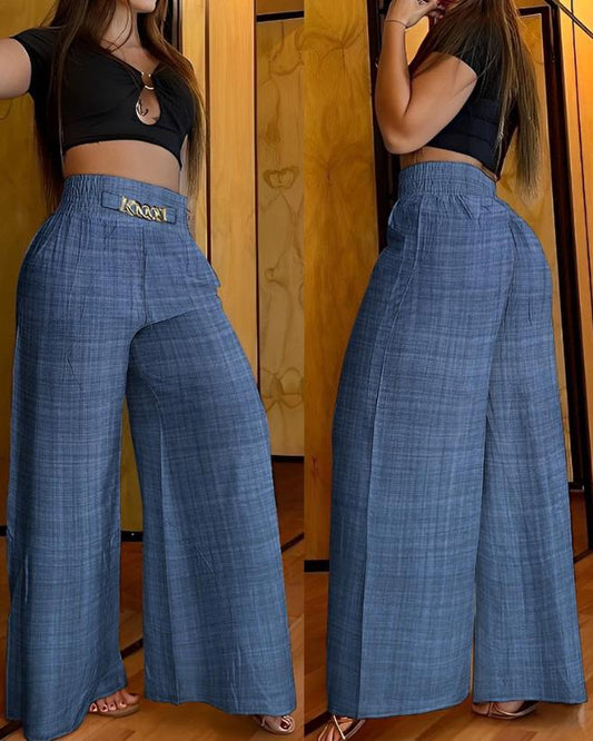 flowersverse Women Pants  Summer Fashion Chain Decor High Casual Plain Pocket Design Waist Wide Leg Daily Vacation Long Pants Streetwear