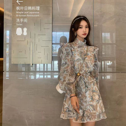 flowersverse Back to school outfit Retro Jumpsuit Ladies  High-Waist Lace-Up Three-Quarter-Sleeve French Elegant Ruffled Lace Stitching Floral Wear