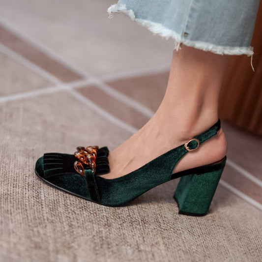 flowersverse Summer Women Sandals Flock Chunky Heel High Heels Retro Velvet Slingback Shoes for Women Crystal Tassel Women Pumps Party Shoes