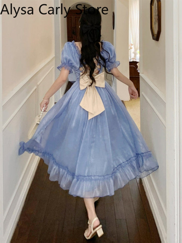 flowersverse Blue Princess Vintage Dress Women Elegant Bow Korean Fairy Midi Dress Femme Sexy Backless Lace-Up Court Evening Party Dress