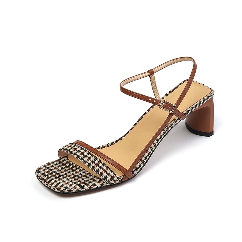 flowersverse  new Women sandals natural leather 22-25cm Plaid+microfiber leather cross-tied women Open-toe Light luxury retro sandals