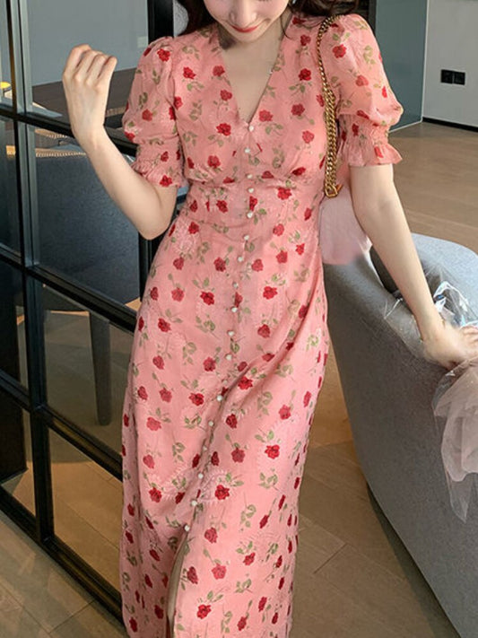 flowersverse Back to school outfit Floral Vintage French Dress Women Chic Elegant Casual Midi Dress Korean Fashion Boho Beach Style Even Party Dress Summer