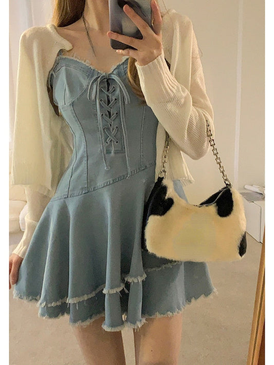 flowersverse Back to school outfit Summer Y2k Mini Dress Women Casual 2 Piece Dress Set Denim Blue Jean Dress Party Beach Style Korean Clothing Fashion Suits