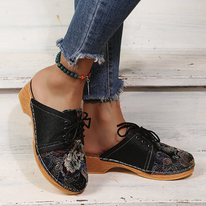 flowersverse  Retro Floral Cloth Lace Up Decor Wood Mules Clogs Comfy Low Heel Sandals Slippers Women Shoes Comfortable Casual Canvas Shoes