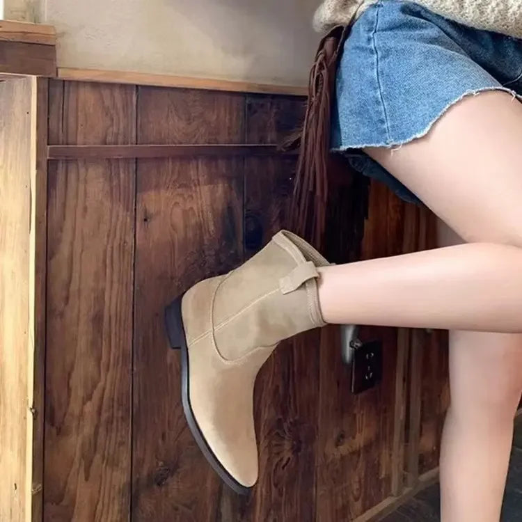 flowersverse-Soft Leather Retro Cowboy Boots New Fall Winter 2024 Western Jeans Boots Pointy Toe Comfy Chunky Brown Frosted Boots for Women