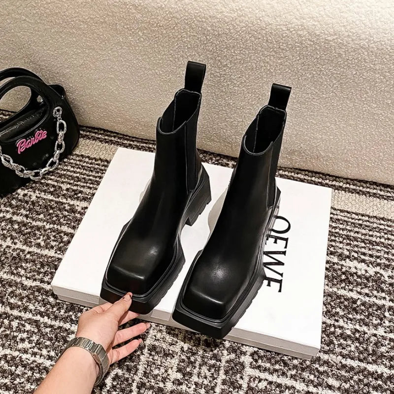 flowersverse-Genuine Leather Women Nude Boots New Chunky Heel Chelsea Boots Square Toe High Heeled Short Boots Designer Fashion Women Boots