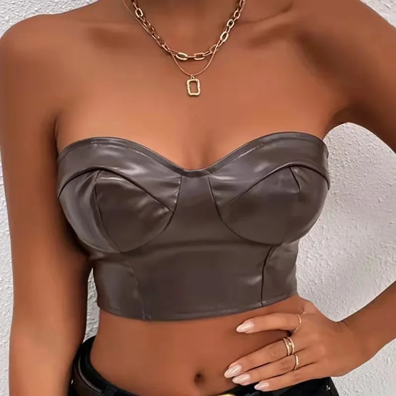 flowersverse-Sexy Tank Top Glossy PU Leather Halter Crop Tops Women Wrap Chest Bare Midriff Camisole Sleeveless  Tube Top Female Cropped Vest