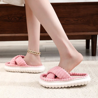 flowersverse- rNew Women Home Slippers Open-Toe Cross Band Linen Soled Indoor Slides Linen Soled Non-Slip Bathroom Slippers