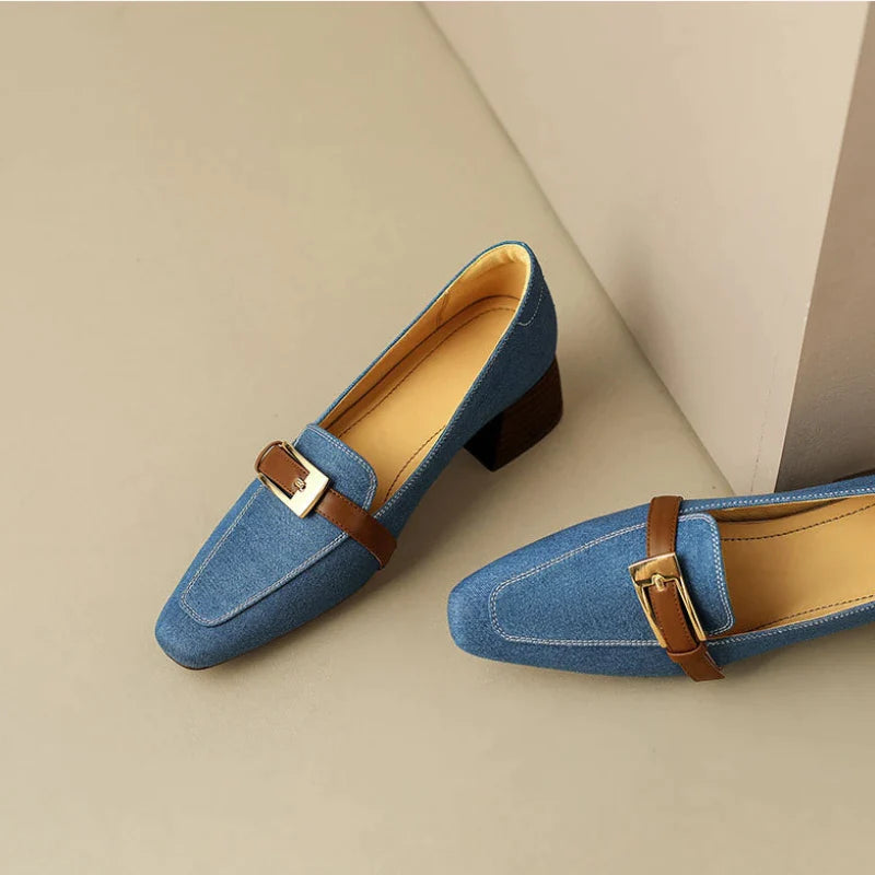 flowersverse-Retro Denim Mid-heel Loafers Women Pumps Belt Buckle Square Head Shallow Casual Women Shoes Blue Comfort Chunky Mule Shoes Women