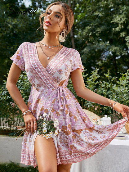 Graduation Gift Big Sale Holiday v-neck lace-up summer print women mini dress Short sleeves floral ethnic wrap dresses A-line split pink vestido