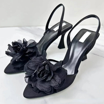 flowersverse-Flowers Slingback High Heels Women Pointed Fine Heel Sandals Women Open-toe Black Mesh Floral Party Dress Slippers Women Pumps