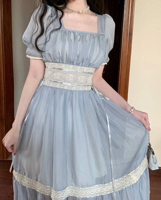 flowersverse  Summer Elegant Fairy Midi Dress Women Blue Vintage Evening Beach Party Dresses Female Korean Fashion Holiday Chiffon Dress