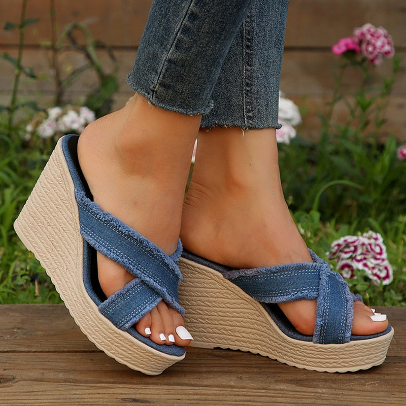 flowersverse Cross Strap High Wedge Slippers Women Summer  Blue Denim Chunky Platform Sandals Woman Non Slip Thick Sole Slides Flip Flops