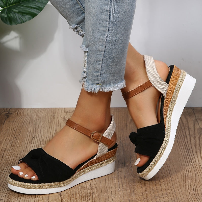 flowersverse Wedge Sandals for Women Summer Peep Toe Non Slip Gladiator Shoes Woman Fashion Bowtie Platform Sandalias Mujer