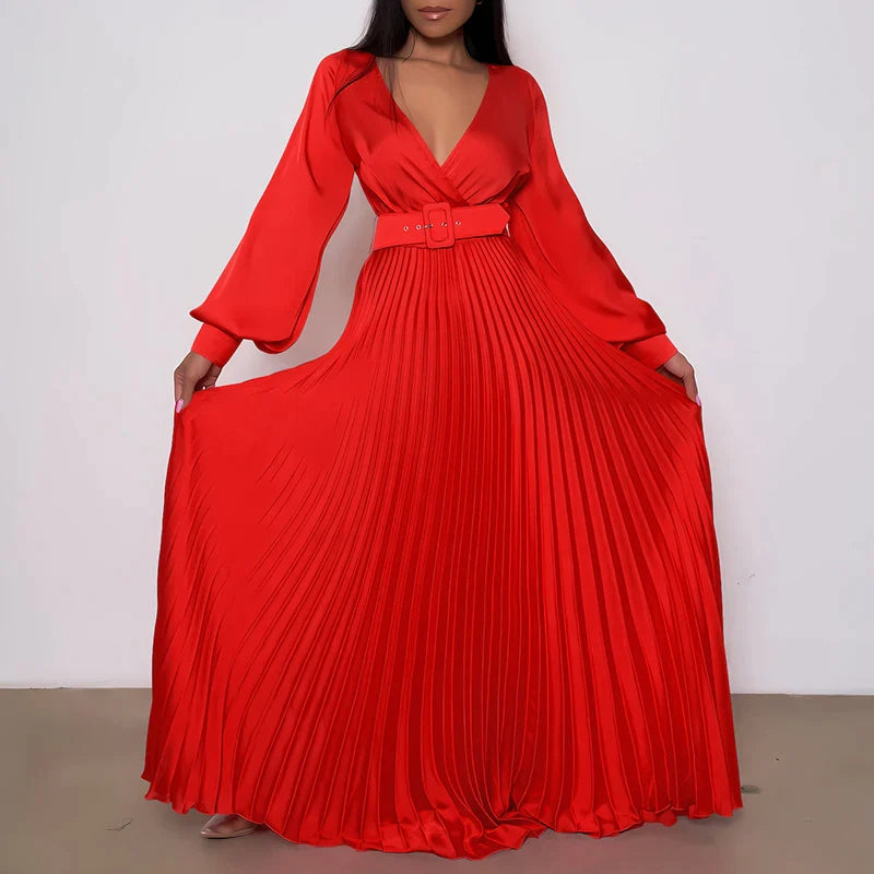 flowersverse-Women Sexy Deep V-neck Swing Pleated Long Dress Spring High Waist Tie-up Belted Maxi Dress Autumn Long Sleeve Boho Party Dresses