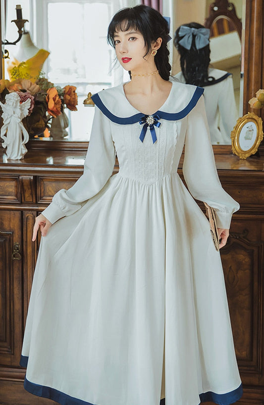 flowersverse Back to school Japan Preppy Style White Sailor Dress Woman Chic Vintage Bow Mori Girl Cottage Dresses Vestido Blanco Robe Blanche Femme