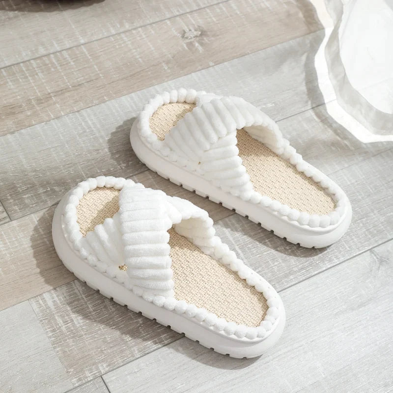 flowersverse-2024 rNew Women Home Slippers Open-Toe Cross Band Linen Soled Indoor Slides Linen Soled Non-Slip Bathroom Slippers