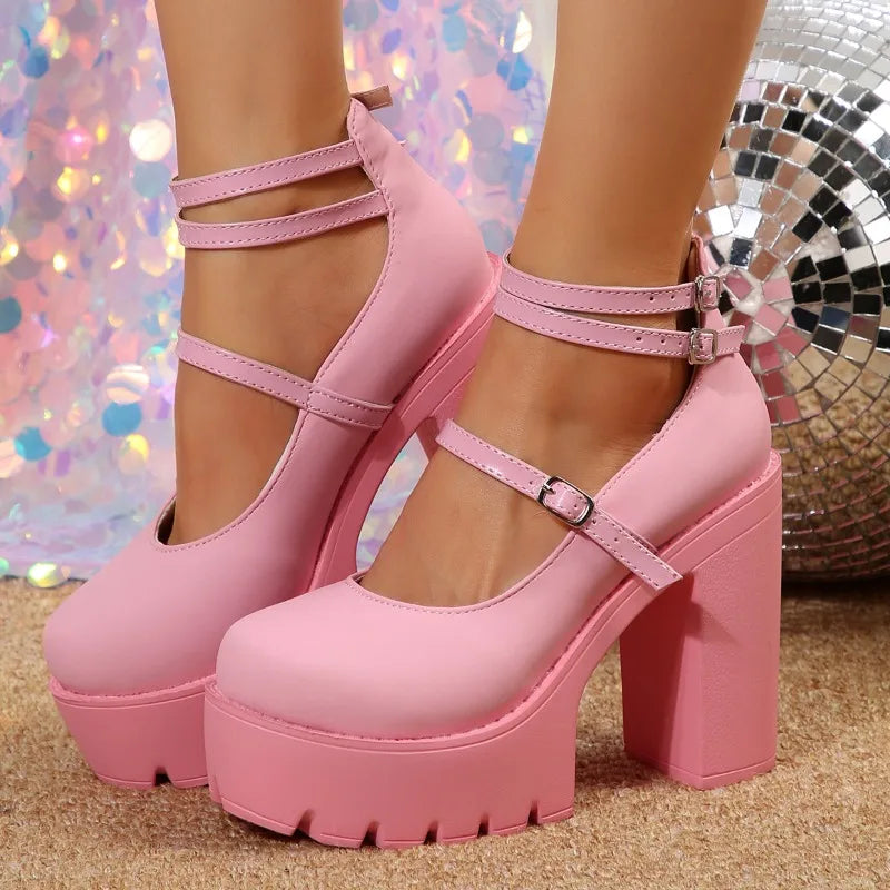 Pink Chunky Heeled Ankle Strap Pumps Sweet Platform Square Heel Woman High Heels Pumps Platform Shoes 2024 Spring Woman Shoes