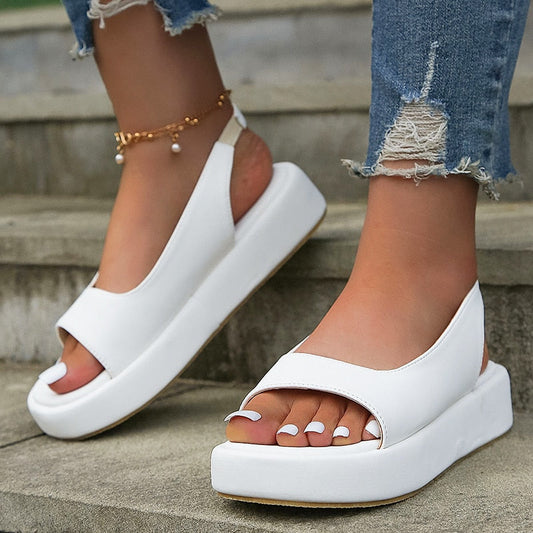 flowersverse White PU Leather Platform Sandals Women Casual Back Strap Flat Sandals Woman  Summer Open Toe Non Slip Beach Shoes Plus Size