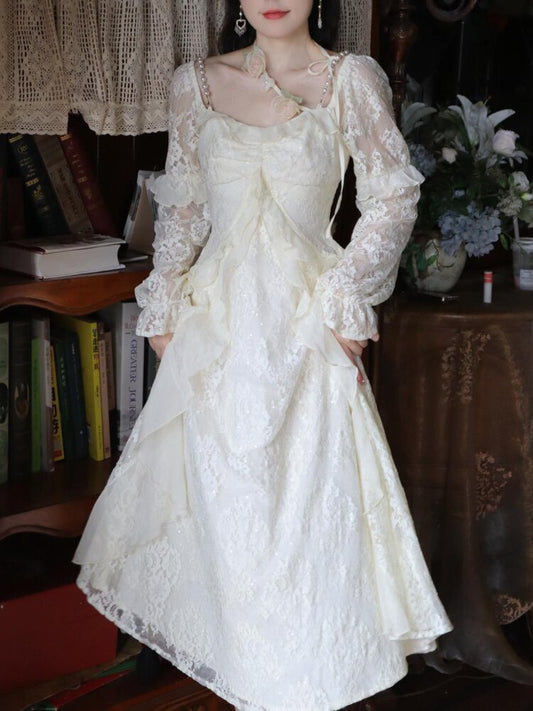 flowersverse Autumn Vintage Lace Fairy Dress Women Solid Floral Party Midi Dress Female Korean Fashion Designer Elegant Slim Dress  New