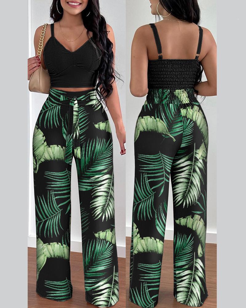 flowersverse Two Piece Sets Womens Outifits Summer Fashion Printed Suspenders V Neck Sleeveless Crop Top & Casual Wide-Leg Long Pants Set