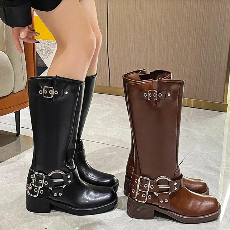 flowersverse-Buckle Knee High Boots Woman PU Leahter Motorcycle Boots Woman Brown Mid Length Boots Chunky Retro Punk Western Knights' Boots