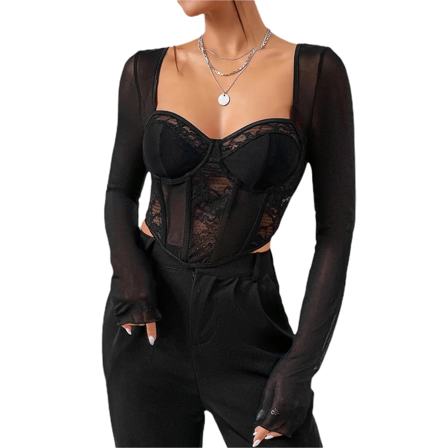 flowersverse-Women Y2k Lace Patchwork Corset Crop Tops Sexy V Neck Long Sleeve T-shirt See Through Open Back Bustier Shirt Streetwear