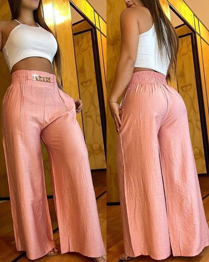 flowersverse Women Pants  Summer Fashion Chain Decor High Casual Plain Pocket Design Waist Wide Leg Daily Vacation Long Pants Streetwear