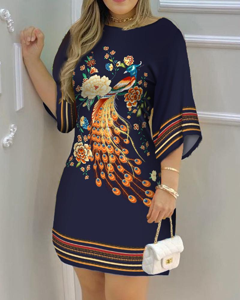 flowersverse Women's Dresses  Spring Fashion Peacock Print Casual Round Neck Long Sleeve Daily Mini Loose Dress