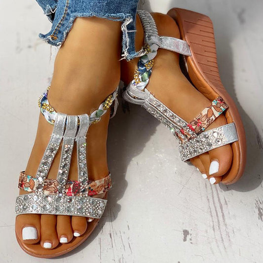 flowersverse  New Gladiator Wedge Heels Elastic Band Crystals Summer Women Shoes Woman Sandals Leisure Beach Sandals Large Size 35-43