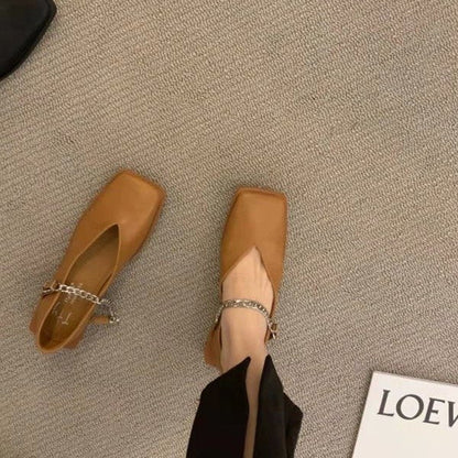 flowersverse Deformed Heel Autumn Luxury Chain Square Head Shallow Flat Shoes Women's Lazy Loafer Casual Flat Square Heels Lolita Shoes