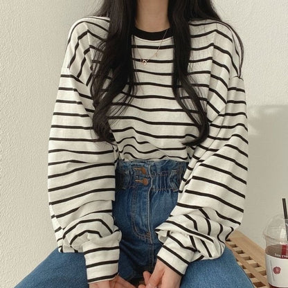 flowersverse Basic T-Shirts Women Striped Top All-Match Stylish Daily Lazy Simple Spring Autumn Long Sleeve Tees Korean Style Hot Sale New