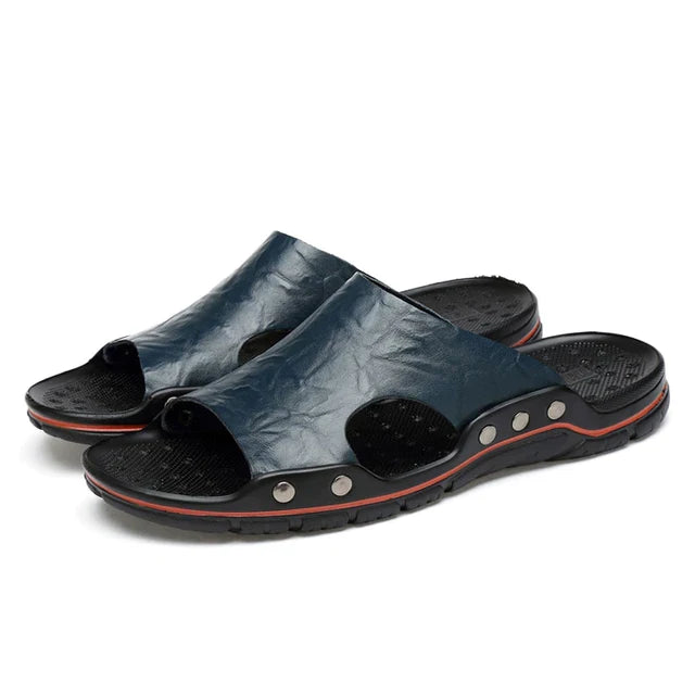 flowersverse-Summer Men Slippers Genuine Leather Breathable Clogs Sandals Beach Classics Leather Slides Outdoor Flip Flops Plus Size Men Shoe