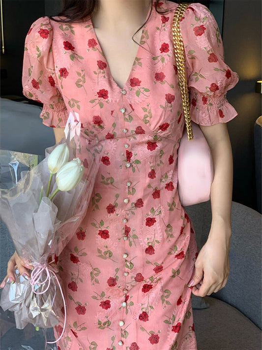 flowersverse Back to school outfit Floral Vintage French Dress Women Chic Elegant Casual Midi Dress Korean Fashion Boho Beach Style Even Party Dress Summer