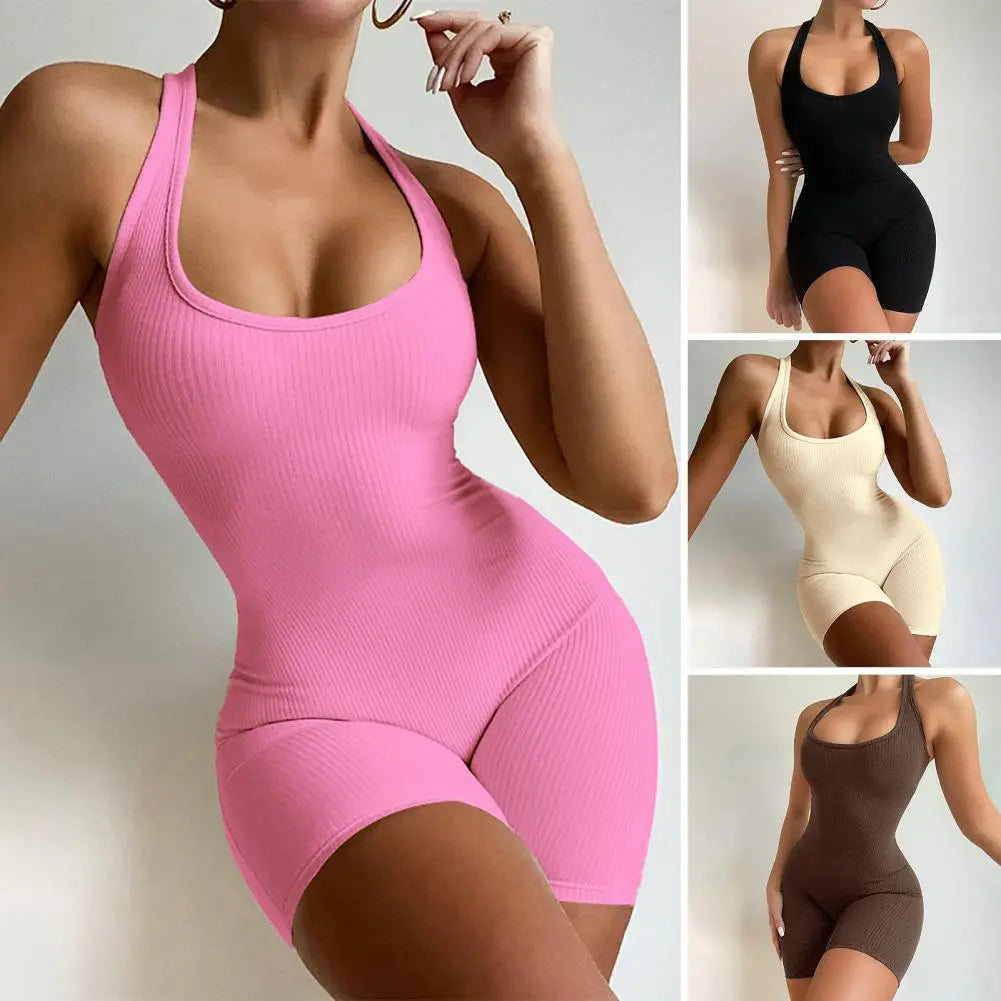 flowersverse-Sport Jumpsuit U-Neck Sleeveless Women Jumpsuit Ribbed Yoga Jumpsuit High Elastic Bodycon Jumpsuit Activity Streetwear