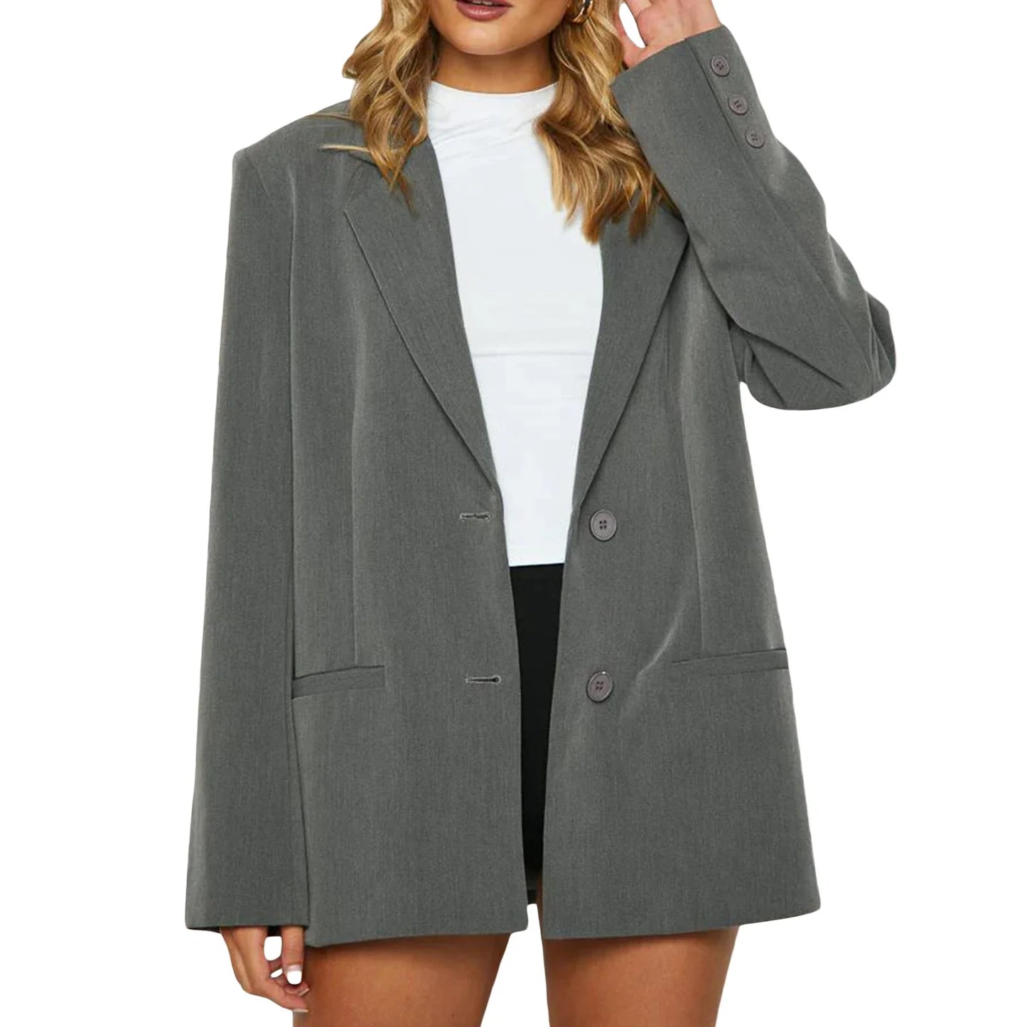 flowersverse-Women's Temperament Loose Blazer, Solid Color Long Sleeve Single Breasted Coat Work Office Jacket Clothing