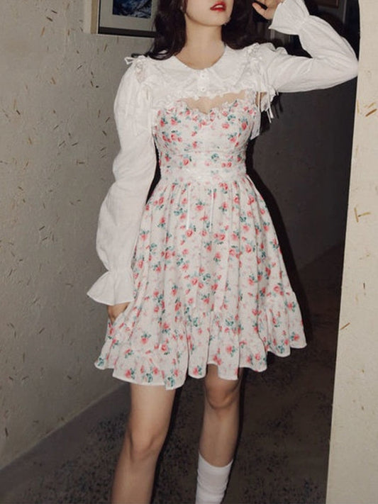 flowersverse Back to school outfit Casual Lolita Lace Mini Dress Women Elegant Fairy Floral Dress Bodycon  Spring Two Piece Dress Set Korean Kawaii Clothing