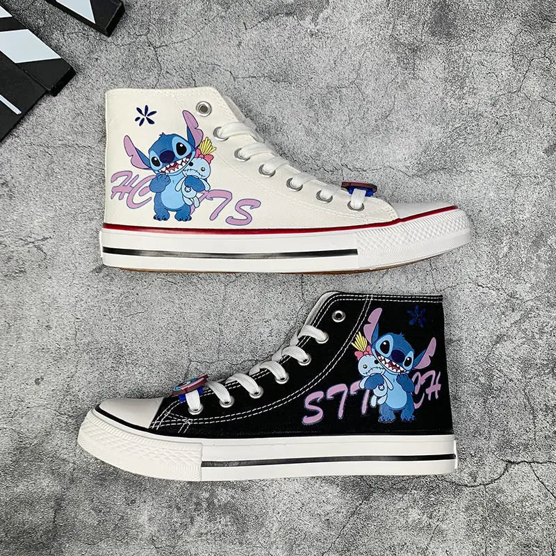 flowersverse-Lilo & Stitch Canvas Shoes Cute Cartoon Little Monster Pattern Shoes Fashion Casual Sports High and Low Canvas Shoes