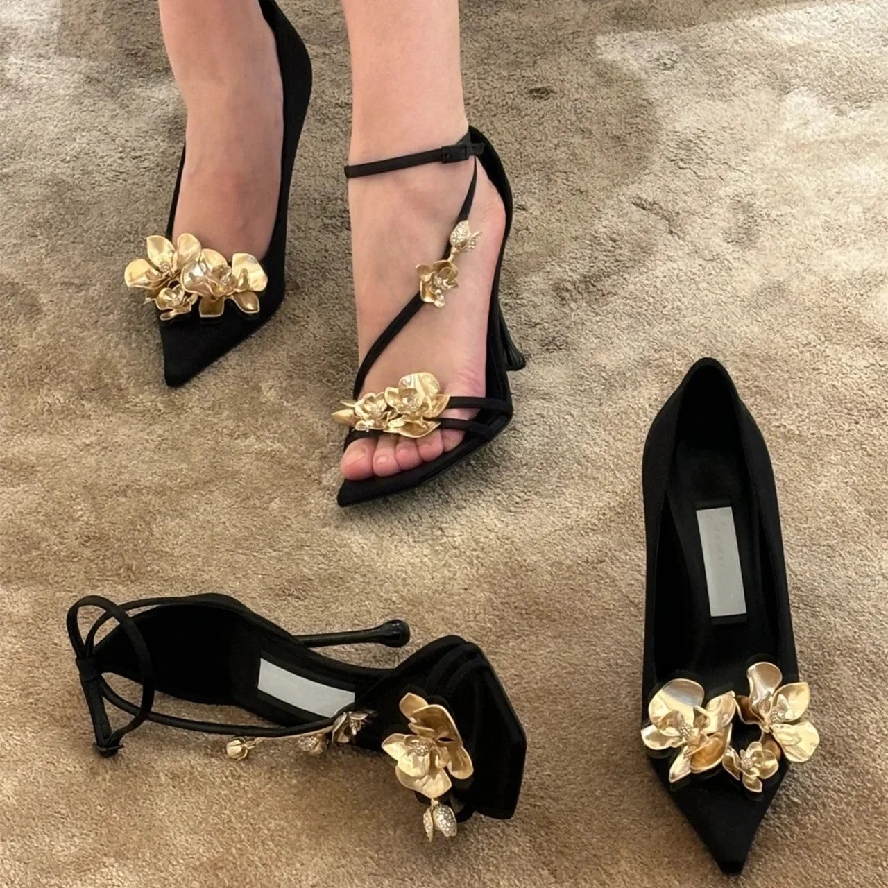 flowersverse-Golden Flowers High Heels Women Silk Luxury Designer Sandal Metallic Flower Square Toe Pointed Fine Heel Party Dress Shoes Pumps