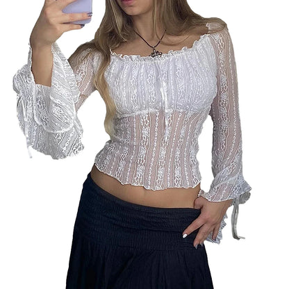 flowersverse-Y2k Lace Frill See-through Crop Tops for Women Summer Off Shoulder Long Sleeve Slim Ruched Tee Shirts Blouse Clubwear Streetwear