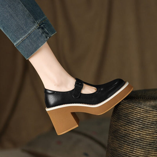 flowersverse NEW Spring Women Shoes Round Toe Chunky Heel Mary Janes Split Leather Platform Shoes for Women Fashion Solid High Heels Women