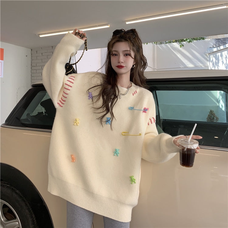 flowersverse Black White Winter Knitted Crewneck Pullover Sweater Women Long Sleeve Korean Fashion Style Oversized Cute Bear Sweater Women