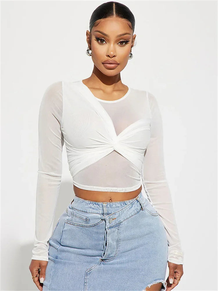 flowersverse- White See-Through Mesh Crop top T-shirt For Women Twist Patchwork Long Sleeve High Waist Y2k Top Fashion Ladies Solid Tee