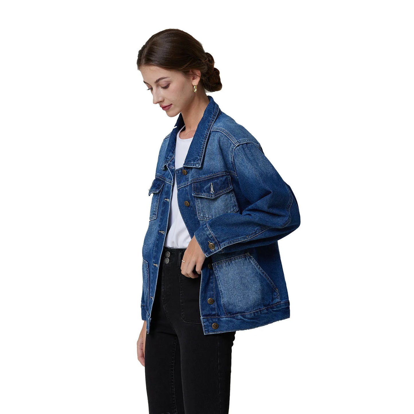 flowersverse-New Spring Autumn Single-breasted Womens Denim Jacket Coat Loose Long Sleeve Tops Casual Jean Coats Female Outerwear