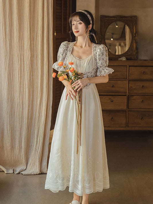 flowersverse Back to school  Cottage Mori Girl Woman Dress Summer Retro French Style Embroidery Print Flower Bandage Vintage Princess Dresses Vestido Festa